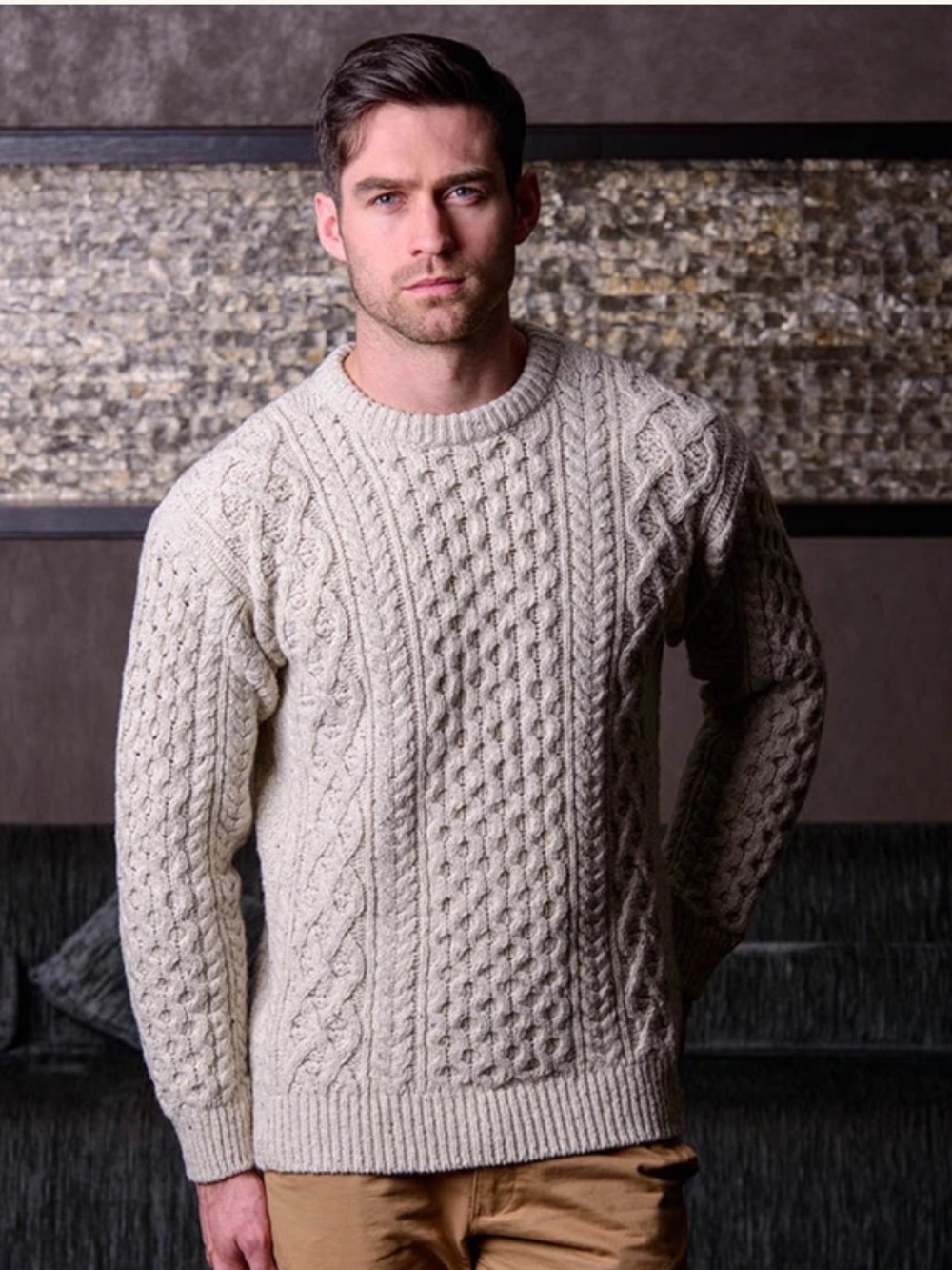 Men's Cable Crewneck Sweater in Cream